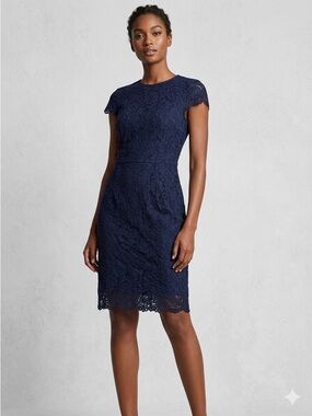H&M Navy Blue Floral Lace Open-Back Dress | Scalloped Cap Sleeve | Like New - 4